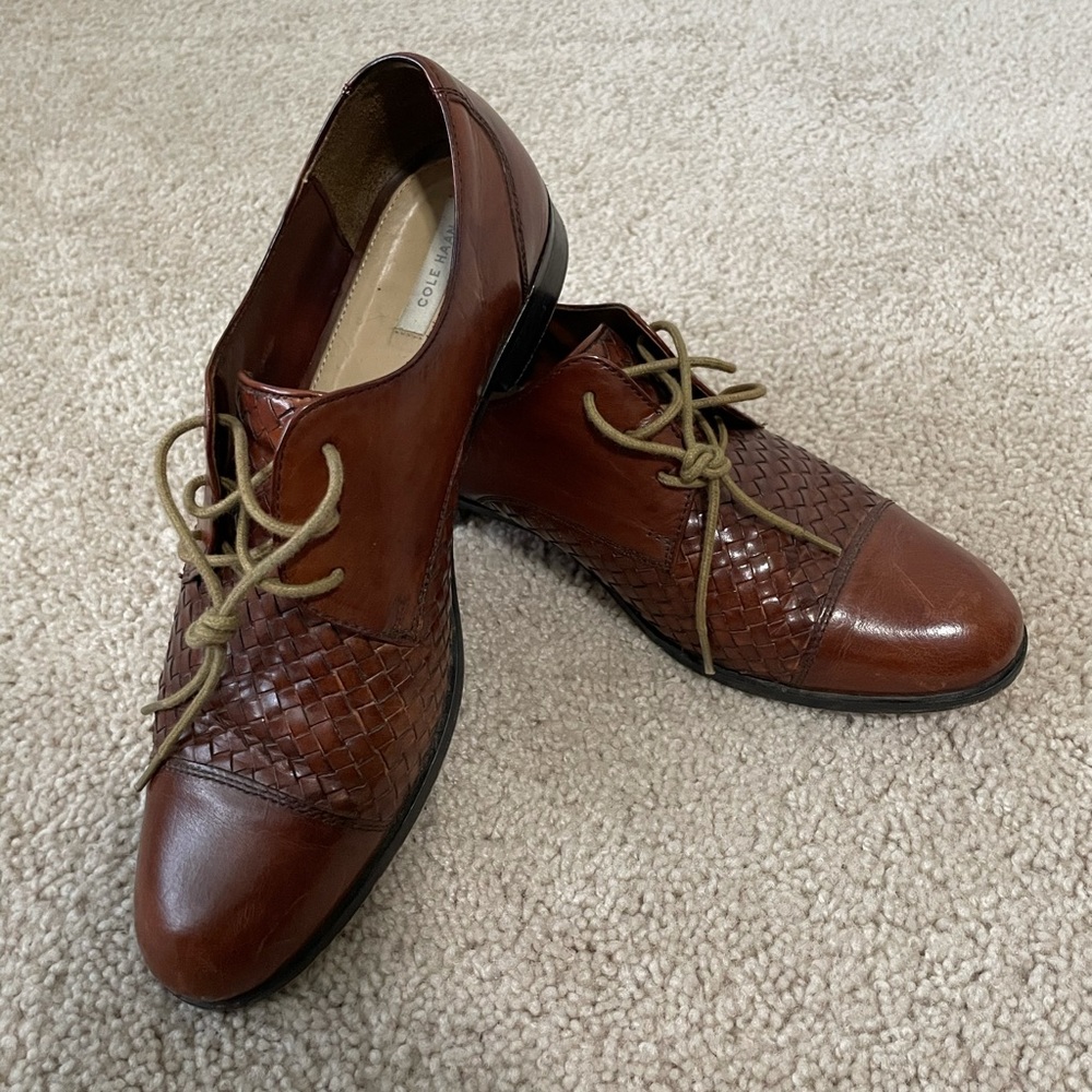 Cole Haan Brown Woven Leather Lace-Up Flats